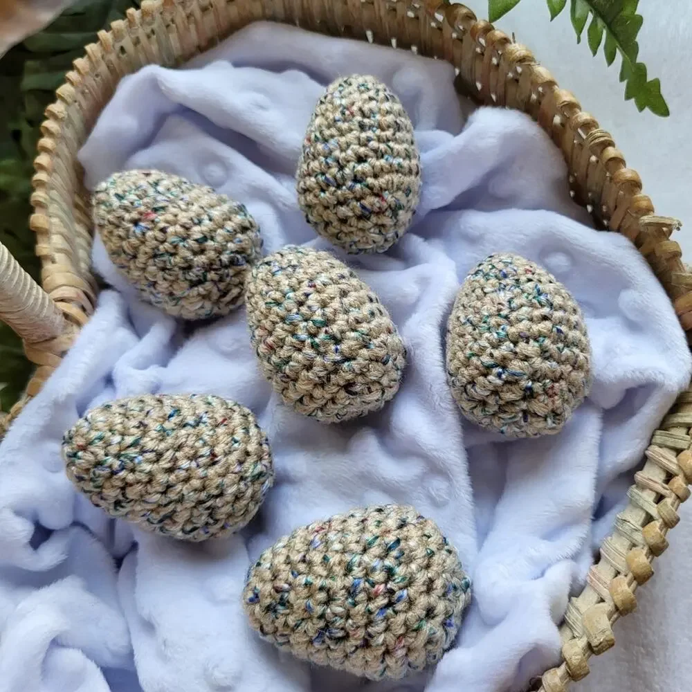 Handcrafted Crochet Eggs – Buff Variegated Set of Six with Metallic Threading